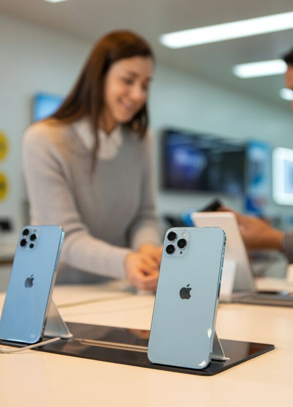 Interior de uma loja de eletrônicos com uma mesa de exposição de iPhones e um atendente ajudando um cliente.