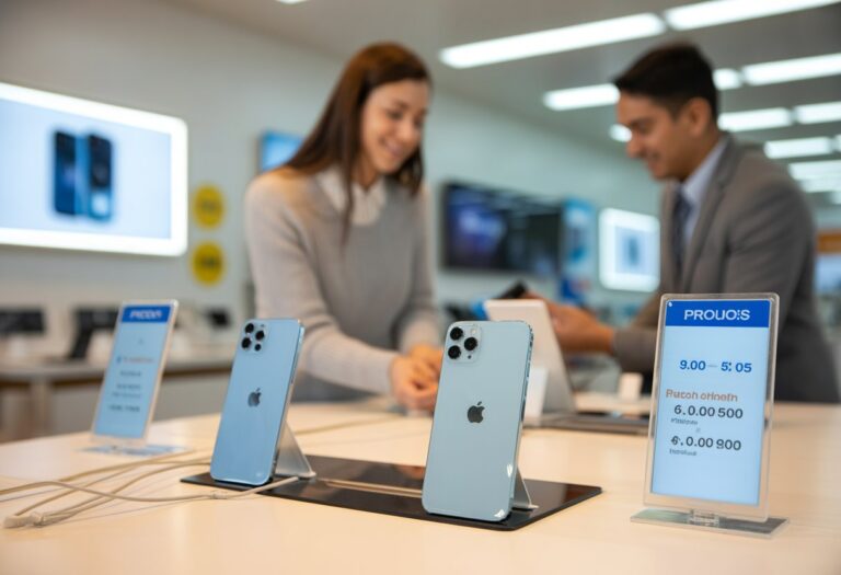 Interior de uma loja de eletrônicos com uma mesa de exposição de iPhones e um atendente ajudando um cliente.