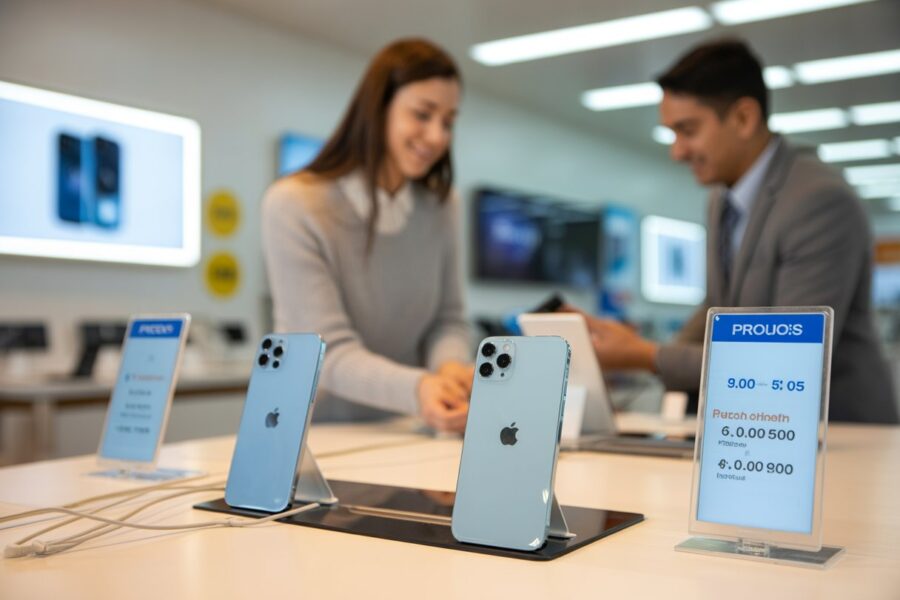Interior de uma loja de eletrônicos com uma mesa de exposição de iPhones e um atendente ajudando um cliente.