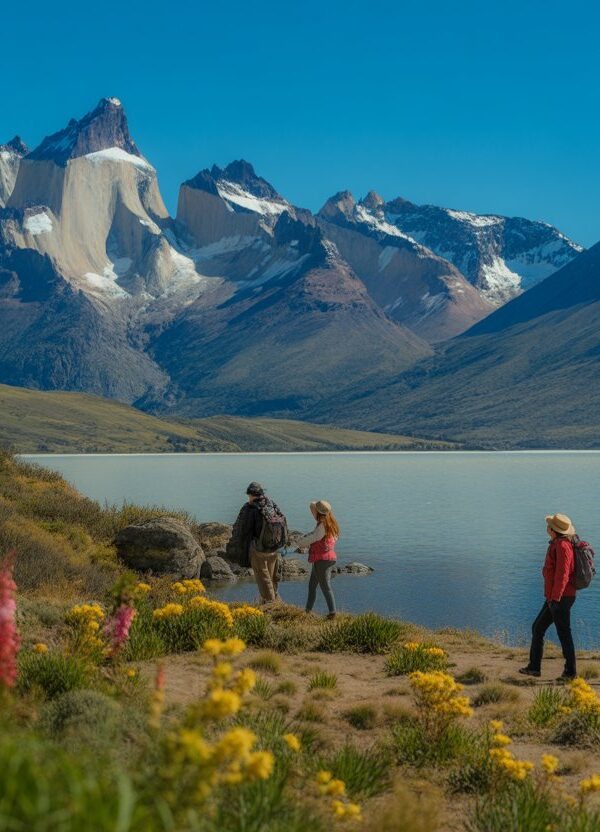 Paisagem das montanhas dos Andes no Chile com flores coloridas, lago refletindo picos nevados e turistas aproveitando o clima agradável.
