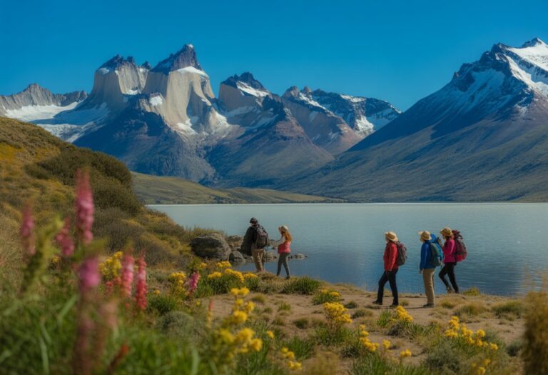 Paisagem das montanhas dos Andes no Chile com flores coloridas, lago refletindo picos nevados e turistas aproveitando o clima agradável.