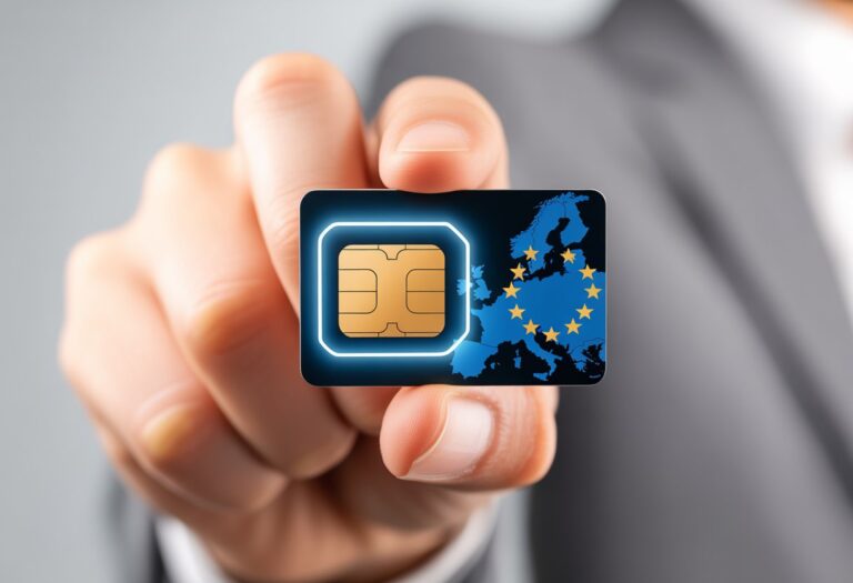 Mão segurando um chip internacional para usar na Europa, com fundo desfocado.