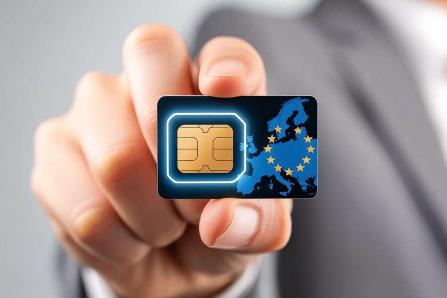 Mão segurando um chip internacional para usar na Europa, com fundo desfocado.