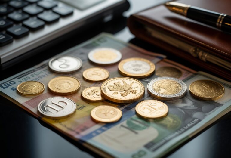 Moedas e notas de dinheiro valiosas dispostas sobre uma superfície escura com objetos financeiros ao redor.