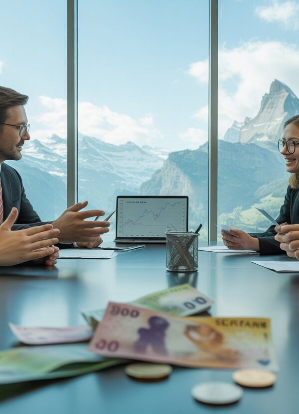 Profissionais em uma reunião em um escritório moderno com vista para os Alpes suíços e dinheiro suíço sobre a mesa.