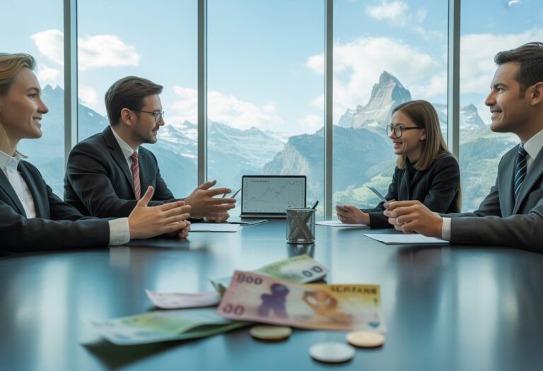 Profissionais em uma reunião em um escritório moderno com vista para os Alpes suíços e dinheiro suíço sobre a mesa.