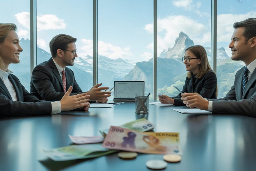 Profissionais em uma reunião em um escritório moderno com vista para os Alpes suíços e dinheiro suíço sobre a mesa.