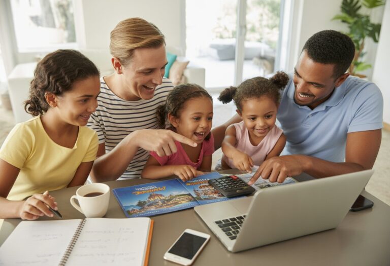 Família sorridente planejando uma viagem para a Disney em uma sala iluminada, com laptop, folhetos de viagem e calculadora sobre a mesa.