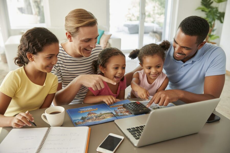 Família sorridente planejando uma viagem para a Disney em uma sala iluminada, com laptop, folhetos de viagem e calculadora sobre a mesa.