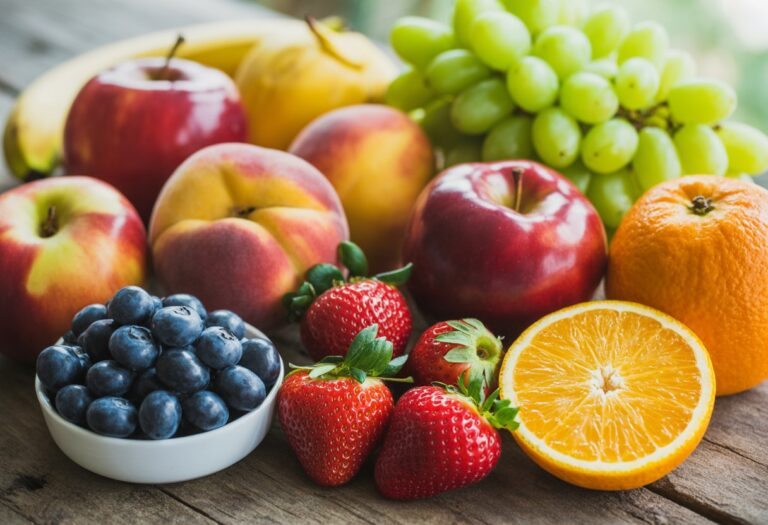Uma mesa rústica com uma variedade de frutas típicas dos Estados Unidos, incluindo maçãs vermelhas, mirtilos, morangos, pêssegos, bananas, uvas verdes e uma laranja cortada ao meio.