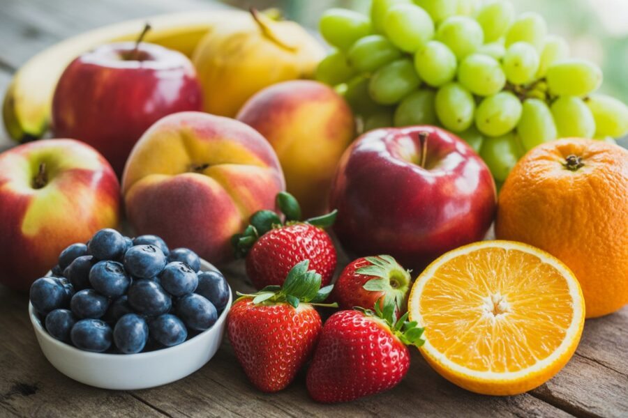 Uma mesa rústica com uma variedade de frutas típicas dos Estados Unidos, incluindo maçãs vermelhas, mirtilos, morangos, pêssegos, bananas, uvas verdes e uma laranja cortada ao meio.