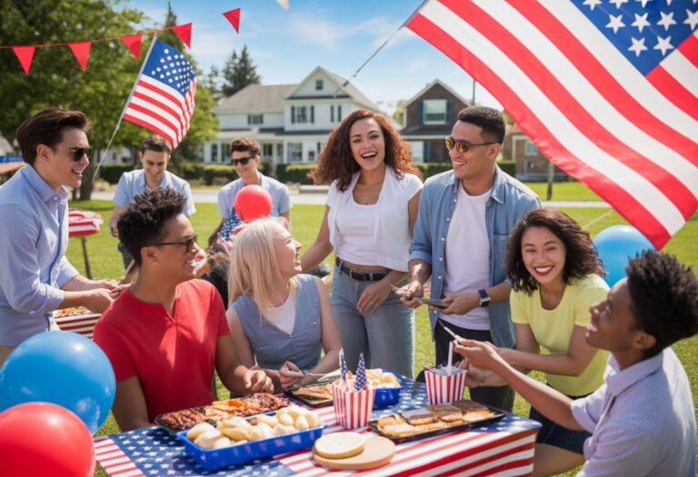 Grupo diverso de pessoas celebrando um feriado nos EUA ao ar livre, com bandeiras americanas, balões e decoração festiva, em um parque ensolarado.