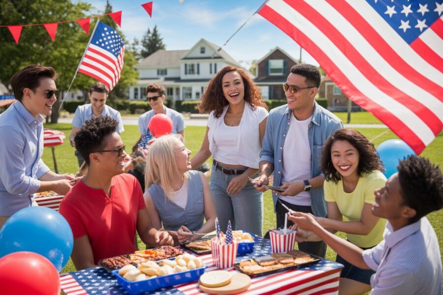 Grupo diverso de pessoas celebrando um feriado nos EUA ao ar livre, com bandeiras americanas, balões e decoração festiva, em um parque ensolarado.