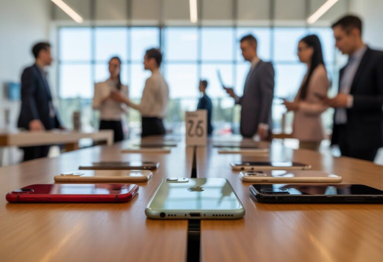 Mesa de loja com vários modelos de iPhone expostos e pessoas ao fundo interagindo.