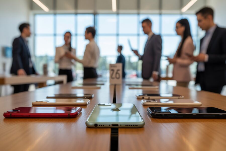 Mesa de loja com vários modelos de iPhone expostos e pessoas ao fundo interagindo.