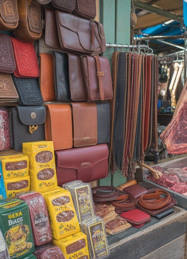 Banca de mercado na Argentina com vinhos Malbec, erva-mate, artigos de couro e cortes de carne frescos.