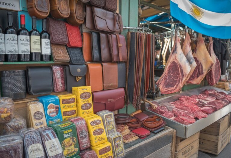 Banca de mercado na Argentina com vinhos Malbec, erva-mate, artigos de couro e cortes de carne frescos.