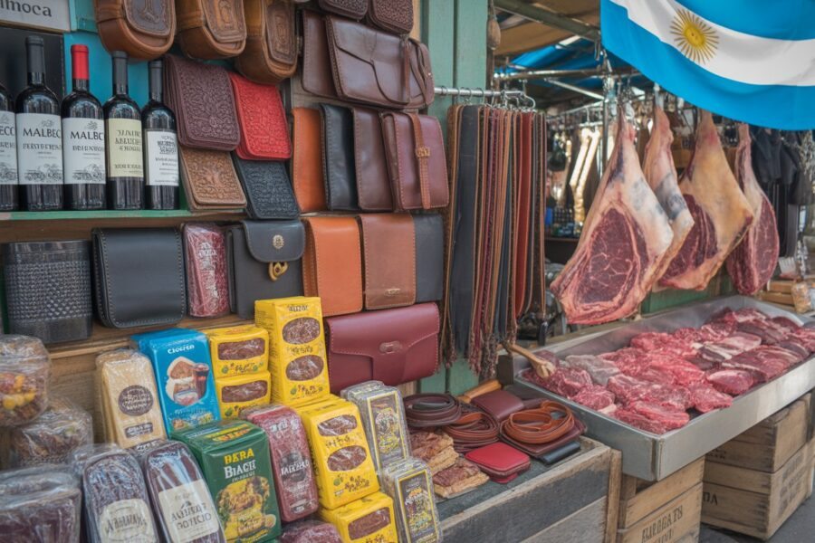Banca de mercado na Argentina com vinhos Malbec, erva-mate, artigos de couro e cortes de carne frescos.