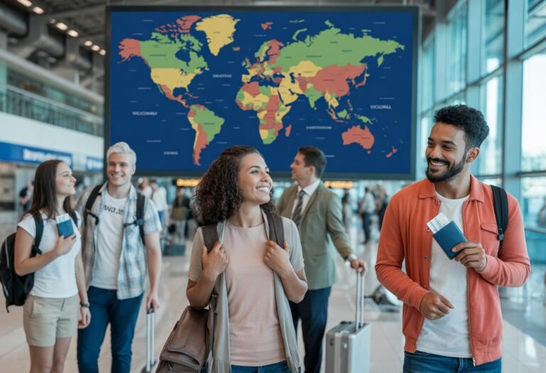 Grupo de viajantes felizes em um aeroporto moderno com um mapa mundial digital ao fundo destacando países para viagens sem visto.