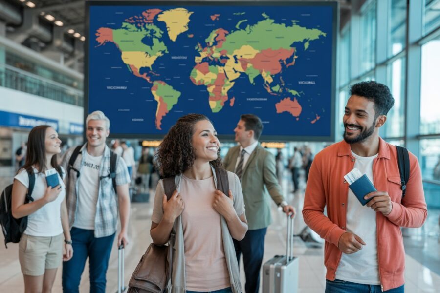 Grupo de viajantes felizes em um aeroporto moderno com um mapa mundial digital ao fundo destacando países para viagens sem visto.
