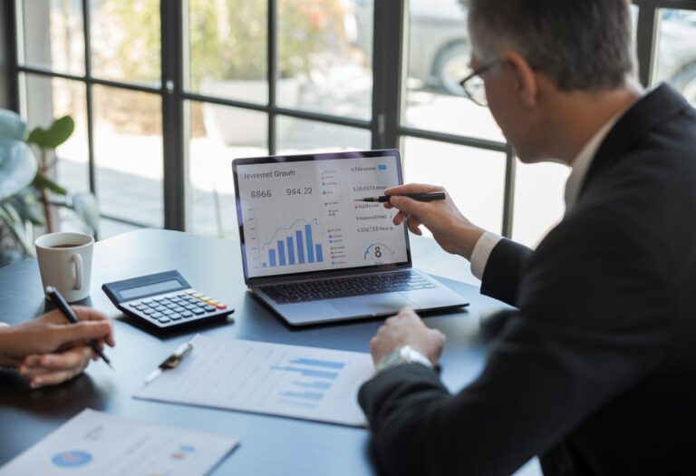 Um consultor financeiro explicando gráficos de crescimento de poupança para um cliente em um escritório moderno.