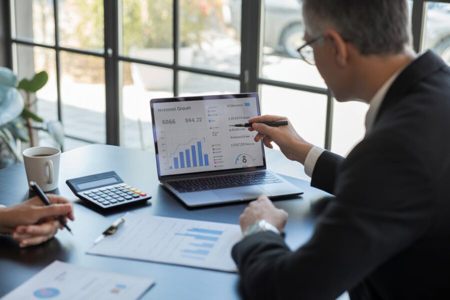 Um consultor financeiro explicando gráficos de crescimento de poupança para um cliente em um escritório moderno.