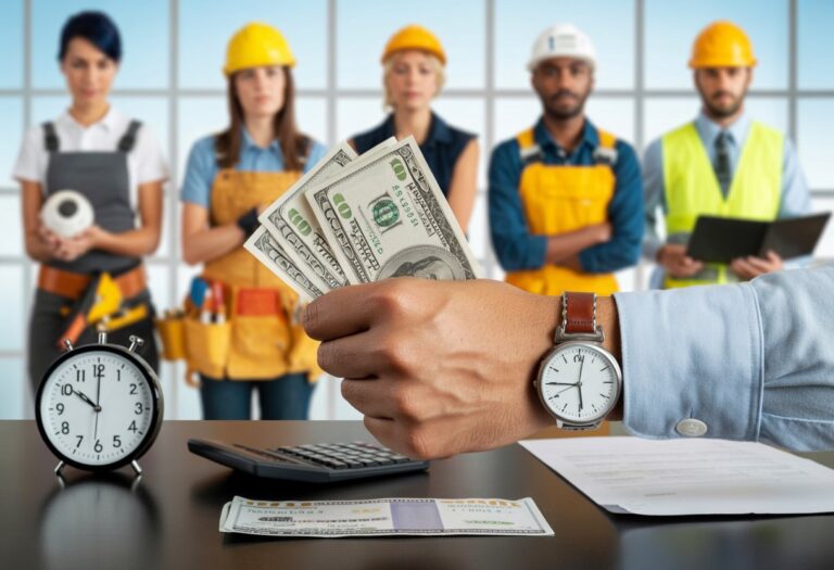 Grupo diverso de trabalhadores dos EUA em diferentes profissões, com uma mão segurando dinheiro e um relógio ao fundo, simbolizando pagamento por hora.