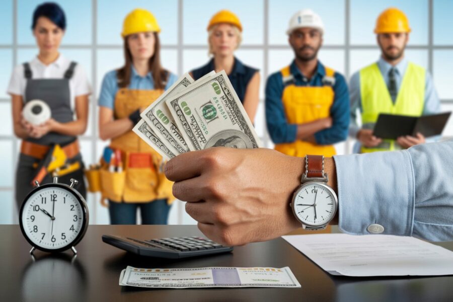 Grupo diverso de trabalhadores dos EUA em diferentes profissões, com uma mão segurando dinheiro e um relógio ao fundo, simbolizando pagamento por hora.