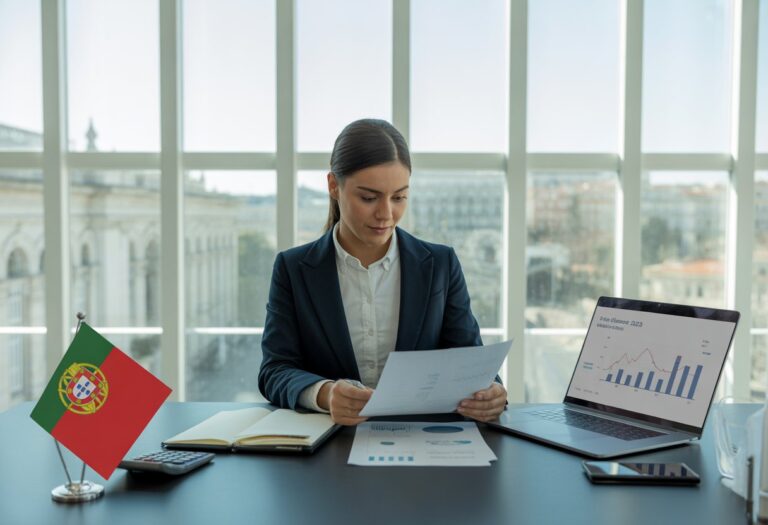 Profissional português revisando documentos financeiros em escritório moderno com vista para a cidade.
