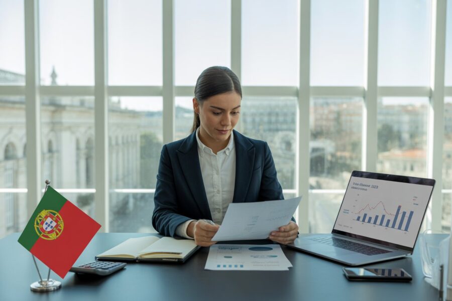 Profissional português revisando documentos financeiros em escritório moderno com vista para a cidade.
