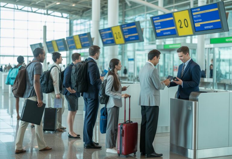 Pessoas na fila do controle de imigração em um aeroporto moderno, com um oficial verificando passaporte.