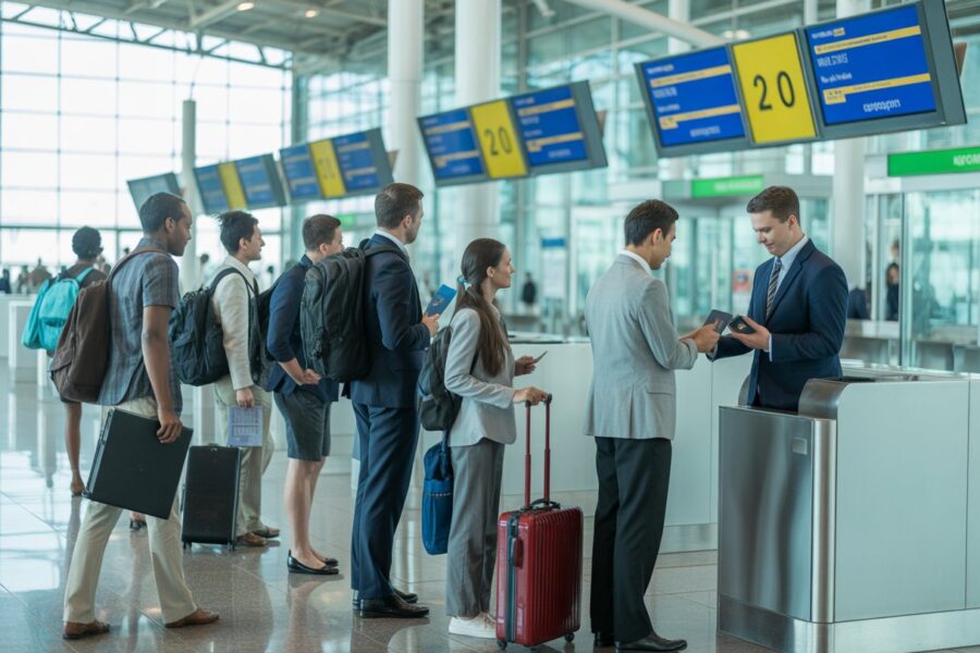 Pessoas na fila do controle de imigração em um aeroporto moderno, com um oficial verificando passaporte.