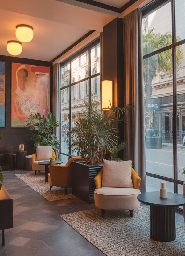 Lobby elegante e acolhedor de um hotel boutique em Buenos Aires, com móveis confortáveis, plantas e janelas grandes mostrando a rua movimentada da cidade.