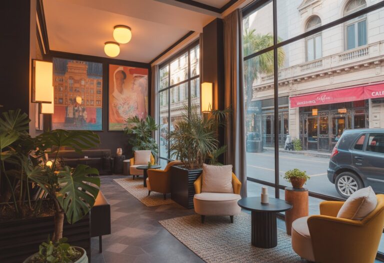 Lobby elegante e acolhedor de um hotel boutique em Buenos Aires, com móveis confortáveis, plantas e janelas grandes mostrando a rua movimentada da cidade.