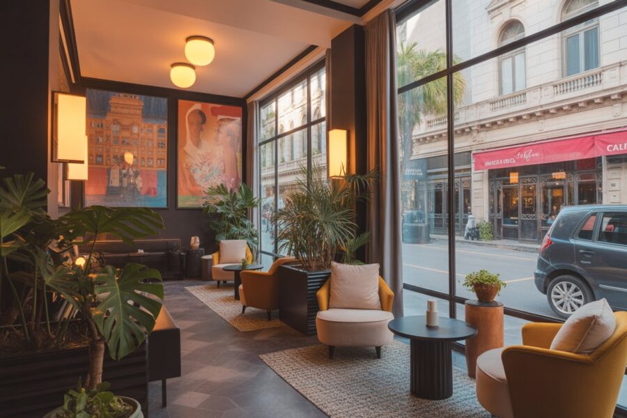 Lobby elegante e acolhedor de um hotel boutique em Buenos Aires, com móveis confortáveis, plantas e janelas grandes mostrando a rua movimentada da cidade.