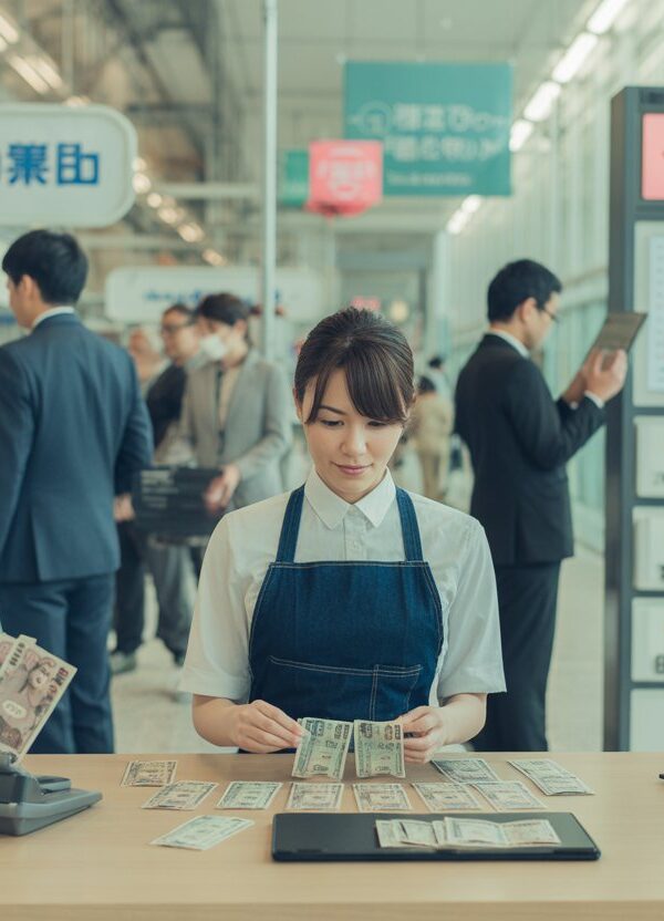 Pessoas trabalhando em diferentes profissões no Japão com moedas e notas de iene visíveis em um ambiente urbano moderno.