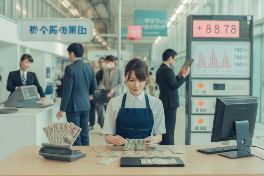 Pessoas trabalhando em diferentes profissões no Japão com moedas e notas de iene visíveis em um ambiente urbano moderno.