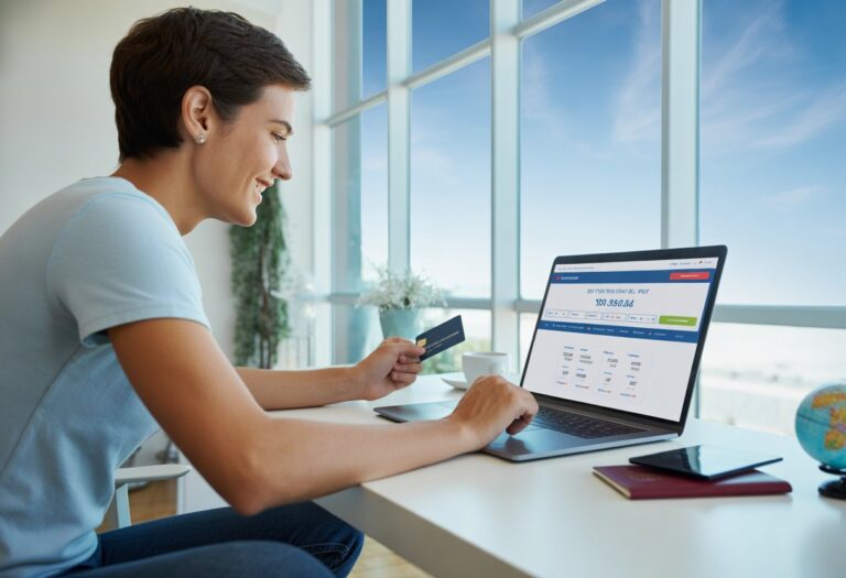 Pessoa sorrindo usando laptop para comprar passagem aérea em uma mesa com itens de viagem ao fundo.