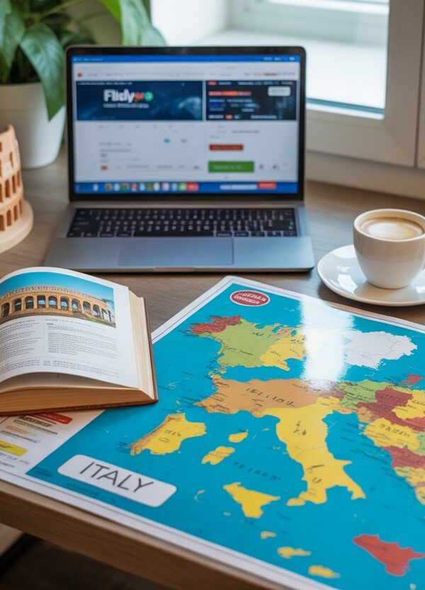 Mesa organizada com mapa da Itália, guia de viagem aberto, laptop mostrando site de passagens, café e souvenirs italianos, em um ambiente iluminado.