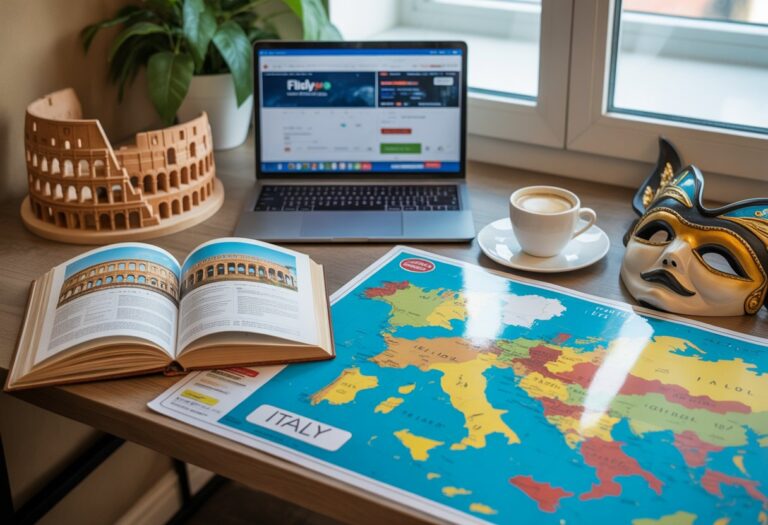 Mesa organizada com mapa da Itália, guia de viagem aberto, laptop mostrando site de passagens, café e souvenirs italianos, em um ambiente iluminado.