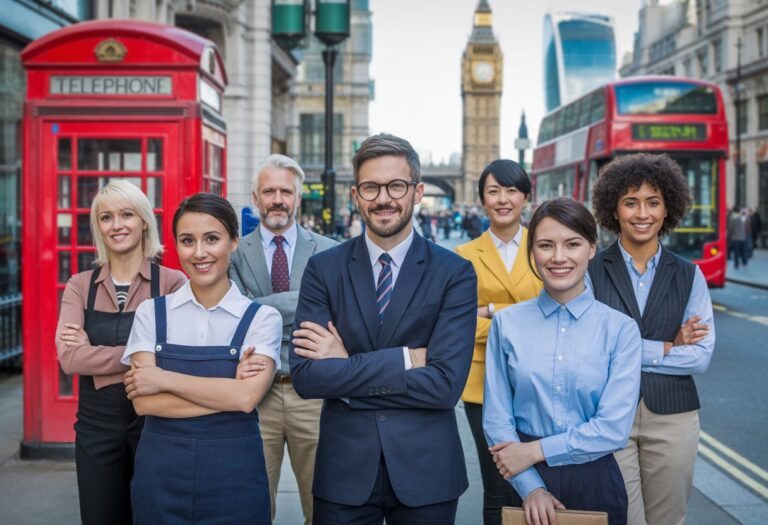 Grupo diversificado de pessoas em um ambiente urbano da Inglaterra, com marcos famosos ao fundo, representando trabalhadores de diferentes profissões.