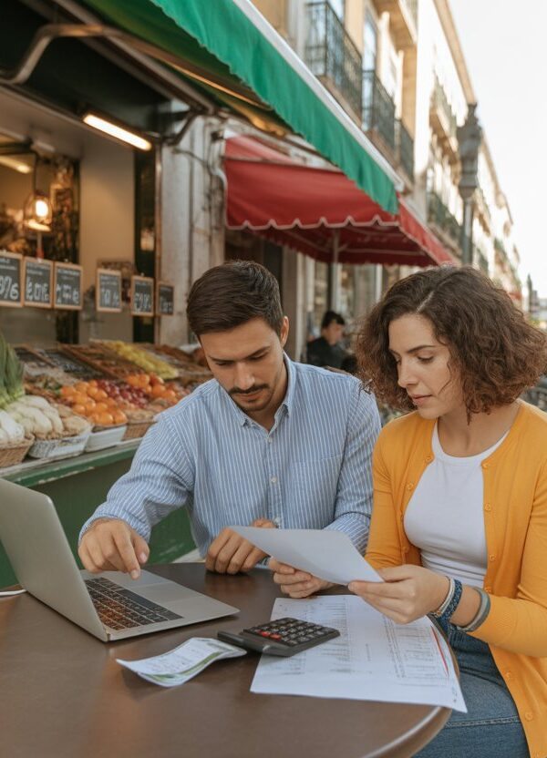 Um casal jovem revisando despesas mensais em uma mesa de café ao ar livre em uma rua portuguesa com arquitetura típica e uma barraca de mercado com frutas e verduras.