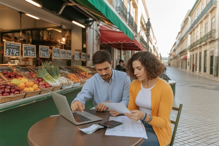 Um casal jovem revisando despesas mensais em uma mesa de café ao ar livre em uma rua portuguesa com arquitetura típica e uma barraca de mercado com frutas e verduras.