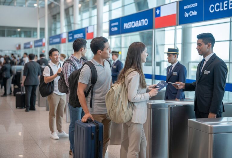 Pessoas em fila no controle de passaportes em um aeroporto, interagindo com agentes de imigração na entrada do Chile.