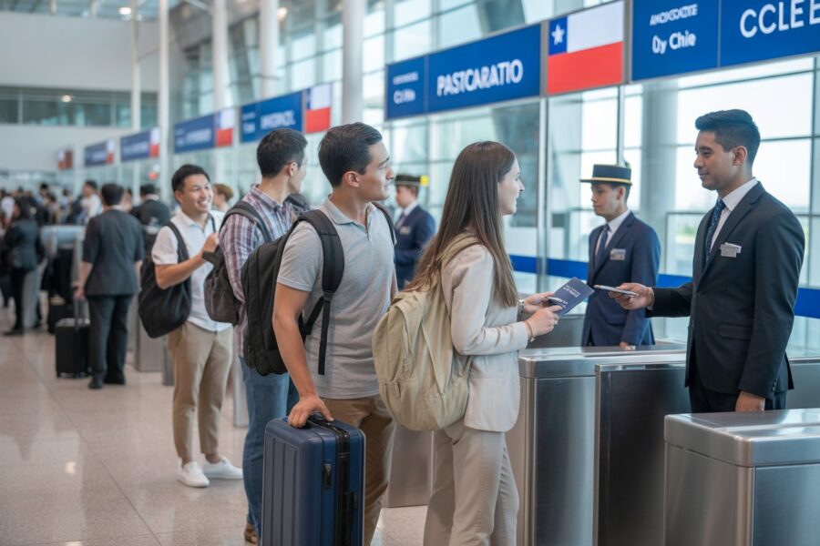 Pessoas em fila no controle de passaportes em um aeroporto, interagindo com agentes de imigração na entrada do Chile.