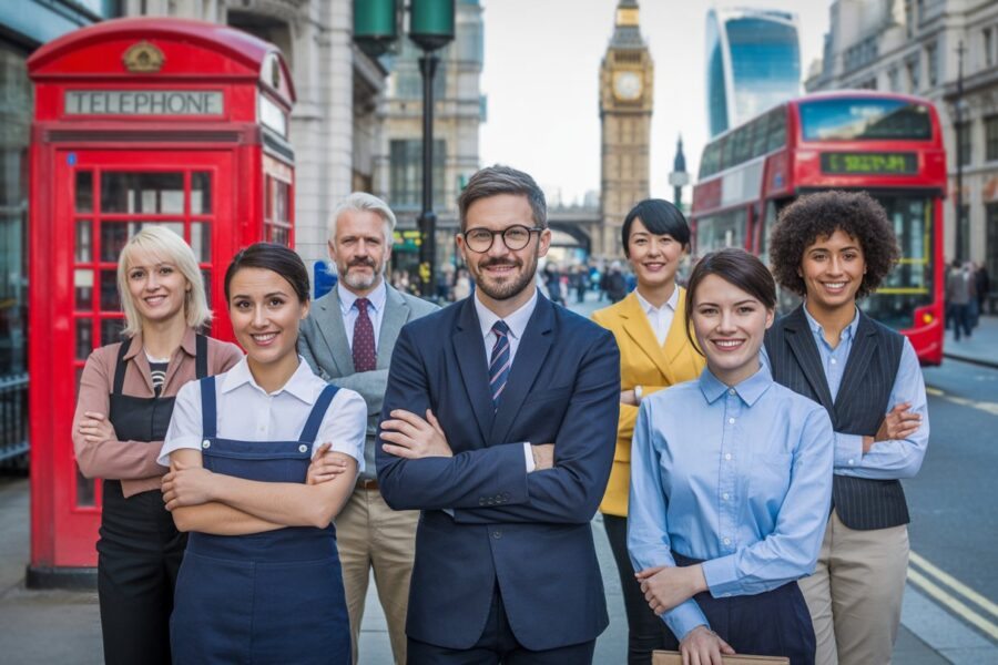 Grupo diversificado de pessoas em um ambiente urbano da Inglaterra, com marcos famosos ao fundo, representando trabalhadores de diferentes profissões.