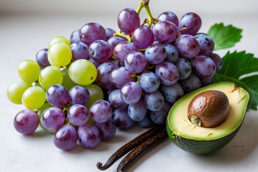 Frutas frescas com uvas, fava de baunilha e abacate fatiado sobre fundo neutro.
