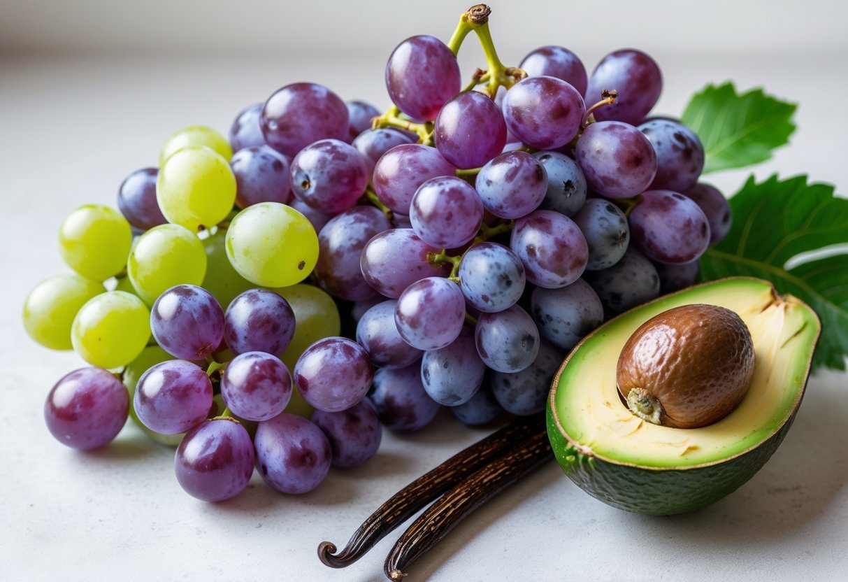 Frutas frescas com uvas, fava de baunilha e abacate fatiado sobre fundo neutro.