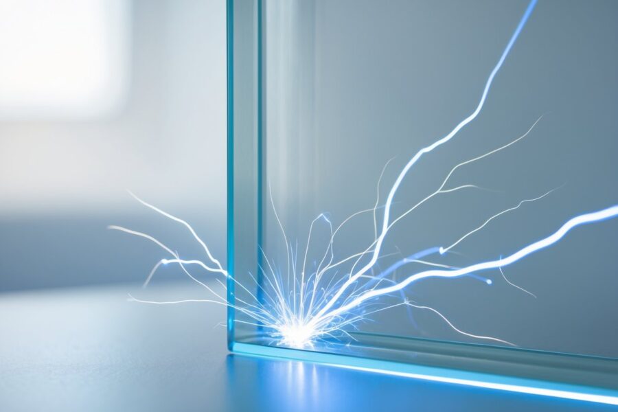 Close-up de um pedaço de vidro transparente com faíscas elétricas visíveis na superfície.