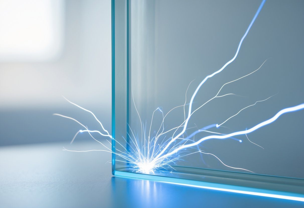 Close-up de um pedaço de vidro transparente com faíscas elétricas visíveis na superfície.